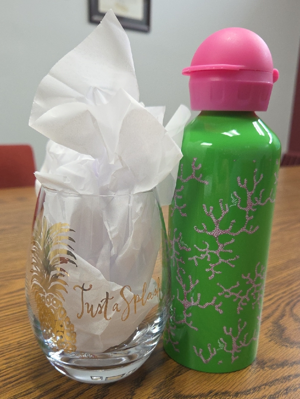 Lilly Pulitzer Green & Pink Coral Motif Bottle, Stemless Wine Goblet